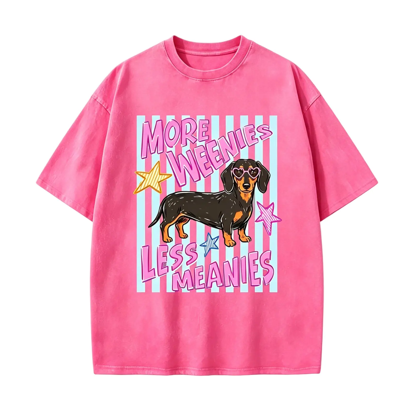 More Weenies Less Meanies Funny Dachshund Sunglasses Graphic Tee, Wiener Dog Lover Preppy Streetwear Oversized Washed Cotton T-Shirt
