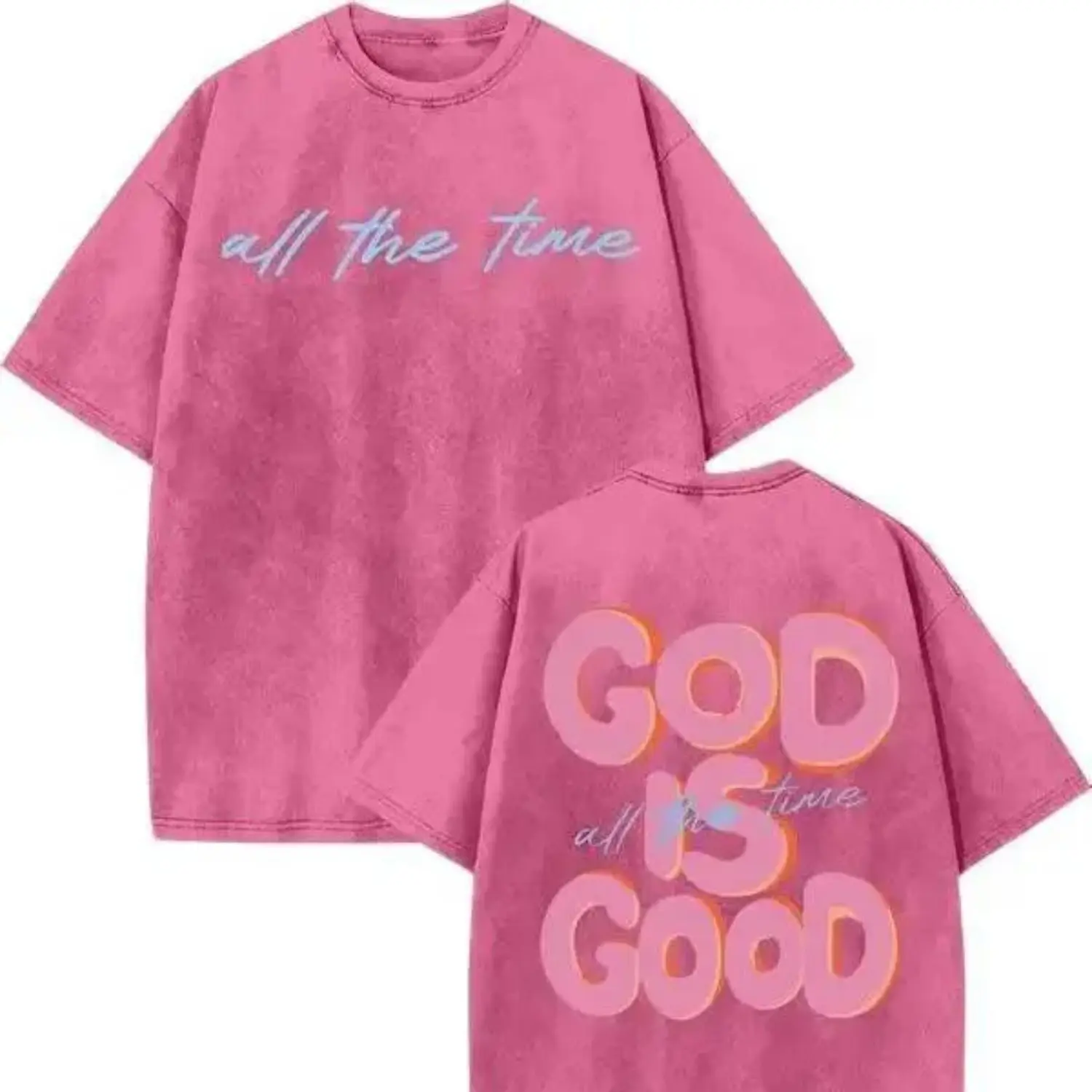 God Is Good All the Time Christian Graphic Tee, Retro Vintage Washed Double-Sided Print Oversized T-Shirt, Gradient Faith Womens Streetwear Top