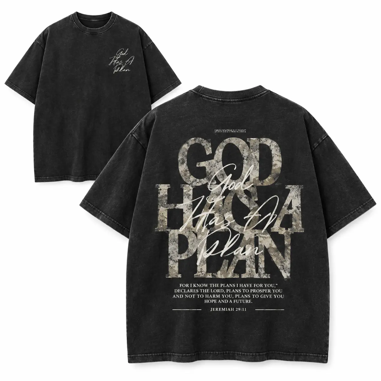 God Has A Plan Christian T-Shirt, Jeremiah 29 11 Faith Graphic Tee, Camo Letter Double-Sided Vintage Washed Oversized Heavyweight Streetwear