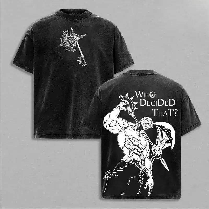 Seven Deadly Sins Escanor Who Decided That Pride Sin Anime Acid Wash Tee, Retro Graphic Oversized Heavy Cotton Unisex Streetwear T-Shirt