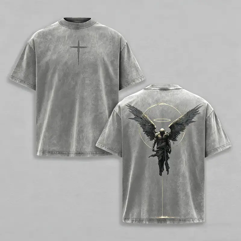 Archangel of Repentance Fallen Angel Gothic Faith Tee, Acid Wash Crusader Medieval Warrior Vintage Cross Double-Sided Oversized T-Shirt