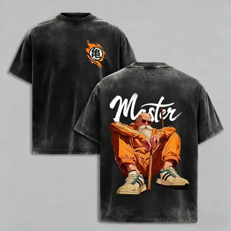 DBZ Master Roshi Dragon Ball Z Funny Anime Graphic Tee, Vintage 80s 90s Streetwear Front and Back Print Acid Wash Unisex Cotton T-Shirt