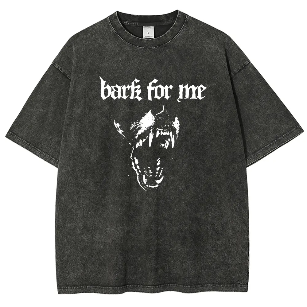 Bark For Me Roaring Wolf Head Gothic Letter Vintage Acid Wash Oversized Tee, Grunge Dark Alternative Streetwear Graphic T-Shirt