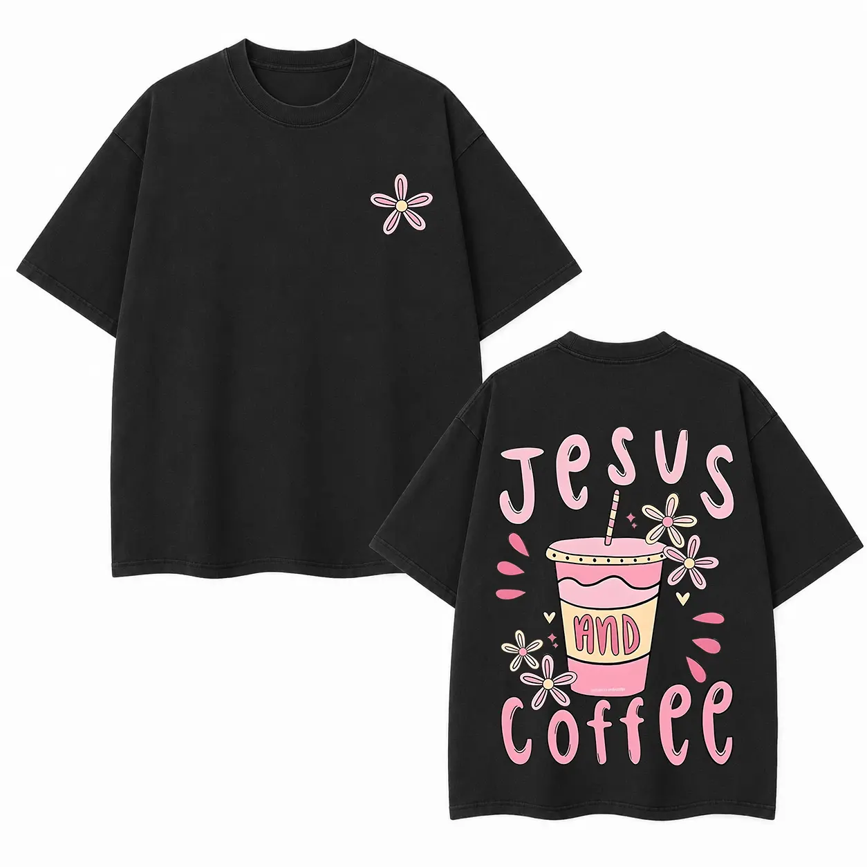 Jesus and Coffee Christian Graphic Tee, Vintage Washed Oversized Heavyweight Cotton Retro Streetwear Front and Back Print Drop Shoulder T-Shirt