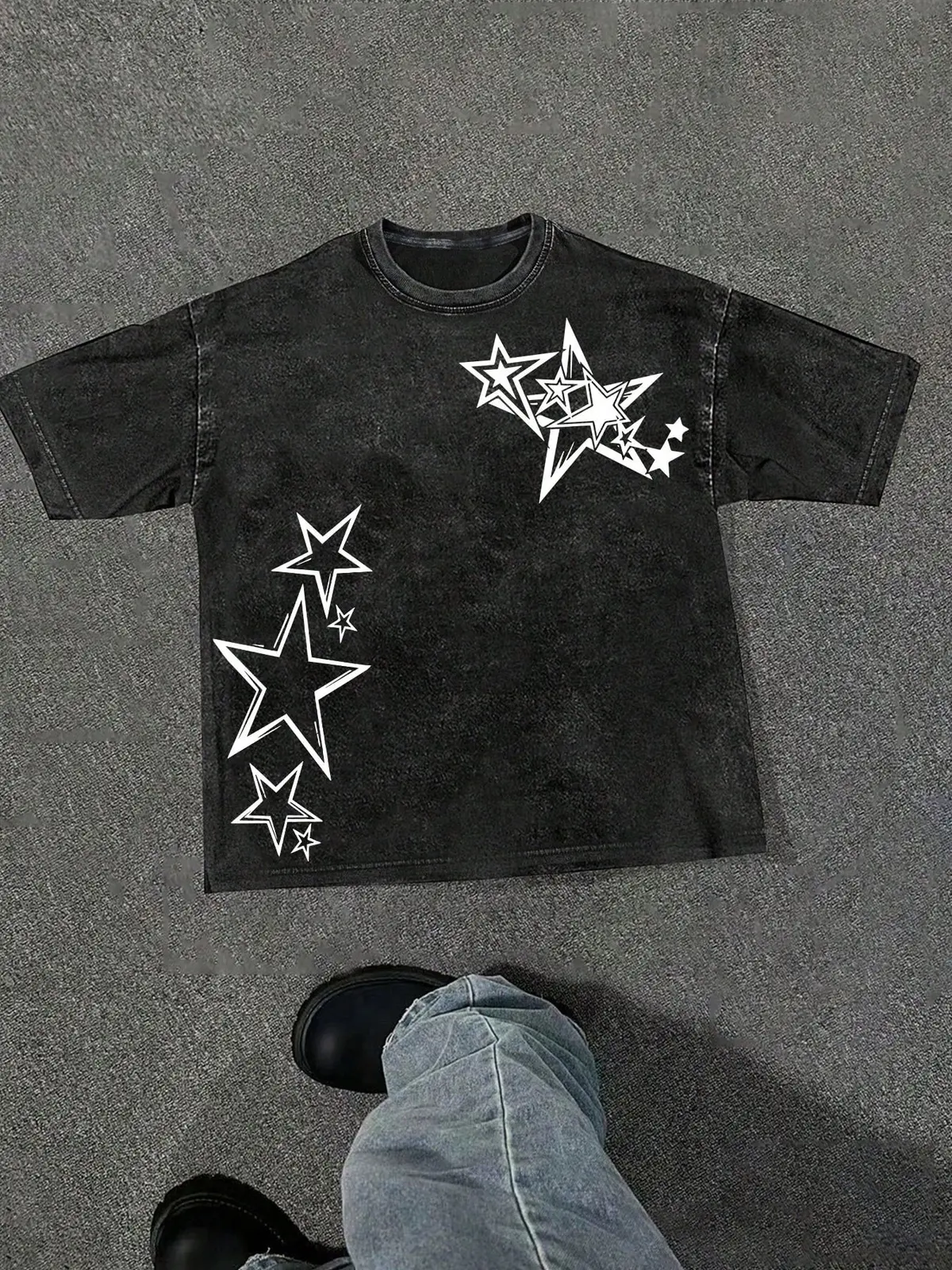Y2K Star Pattern Graphic Washed Tee, Grunge Streetwear Outline Stars Print Casual Loose Fit Oversized Crew Neck Short Sleeve Cotton T-Shirt