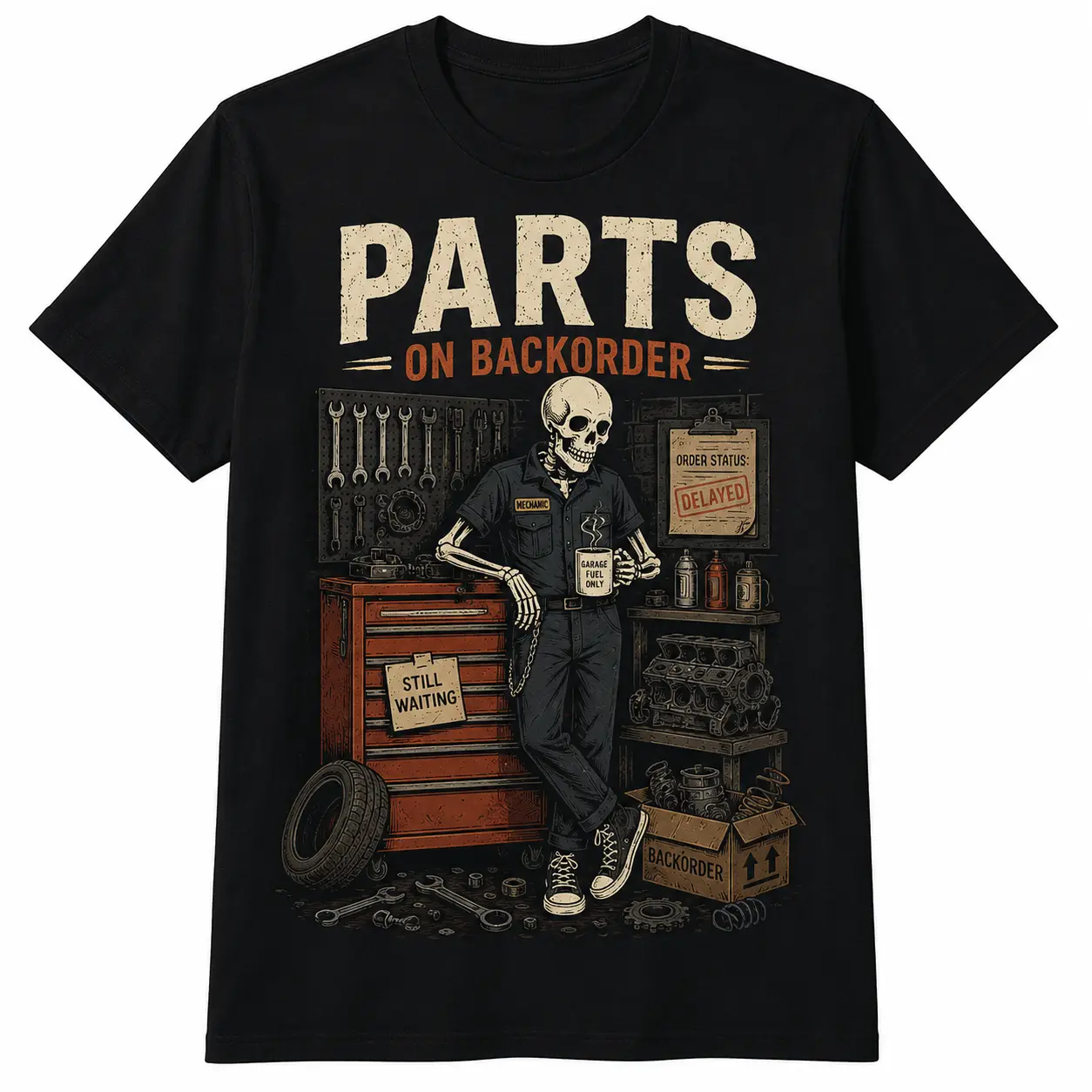Waiting On Parts Funny Skeleton Auto Mechanic Technician T-Shirt, Parts On Backorder Vintage Garage Graphic Tee, Streetwear Unisex Shirt