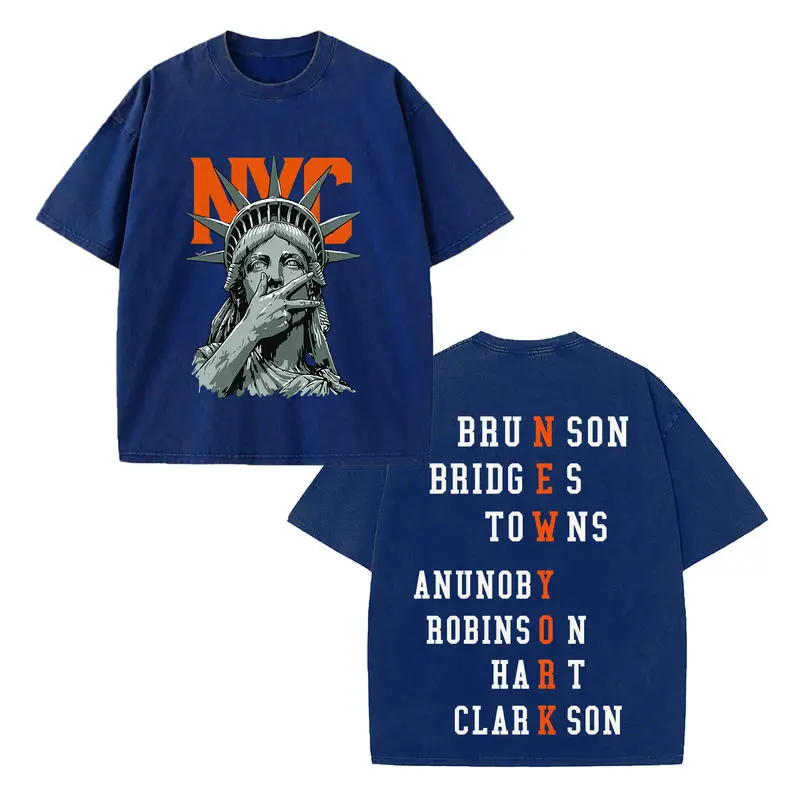 New York Knicks Basketball NYC Statue of Liberty Graphic Tee, Brunson Bridges Towns Anunoby Roster Two-Sided Print, Vintage Washed T-Shirt