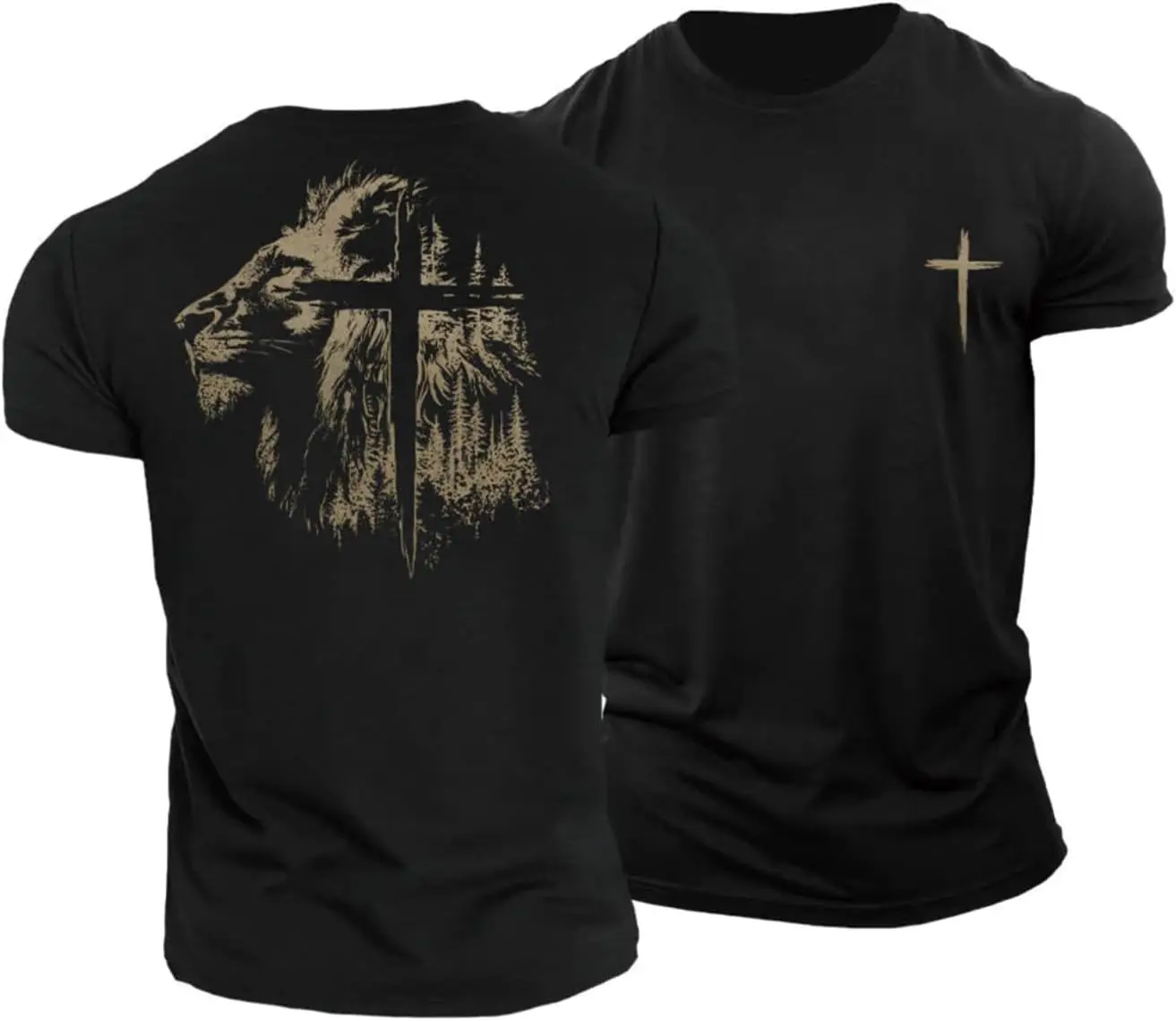 Christian Lion and Cross Faith Graphic Tee, Distressed Vintage Retro Double-Sided Print Oversized Streetwear Crewneck Black T-Shirt