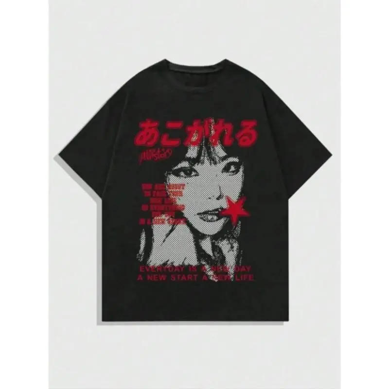 Japanese Streetwear Halftone Girl Graphic Tee, Everyday Is A New Day Red Star Letter Print Relaxed Fit Cotton Men's Black T-Shirt