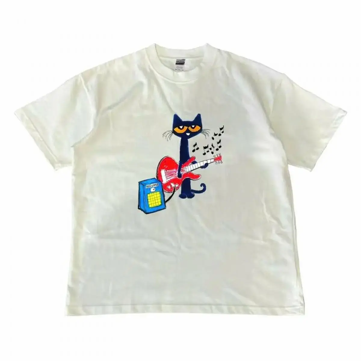 Pete the Cat Playing Red Electric Guitar Graphic Tee, Y2K 2000s Retro Cartoon Music Boxy Fit Heavyweight Cotton T-Shirt