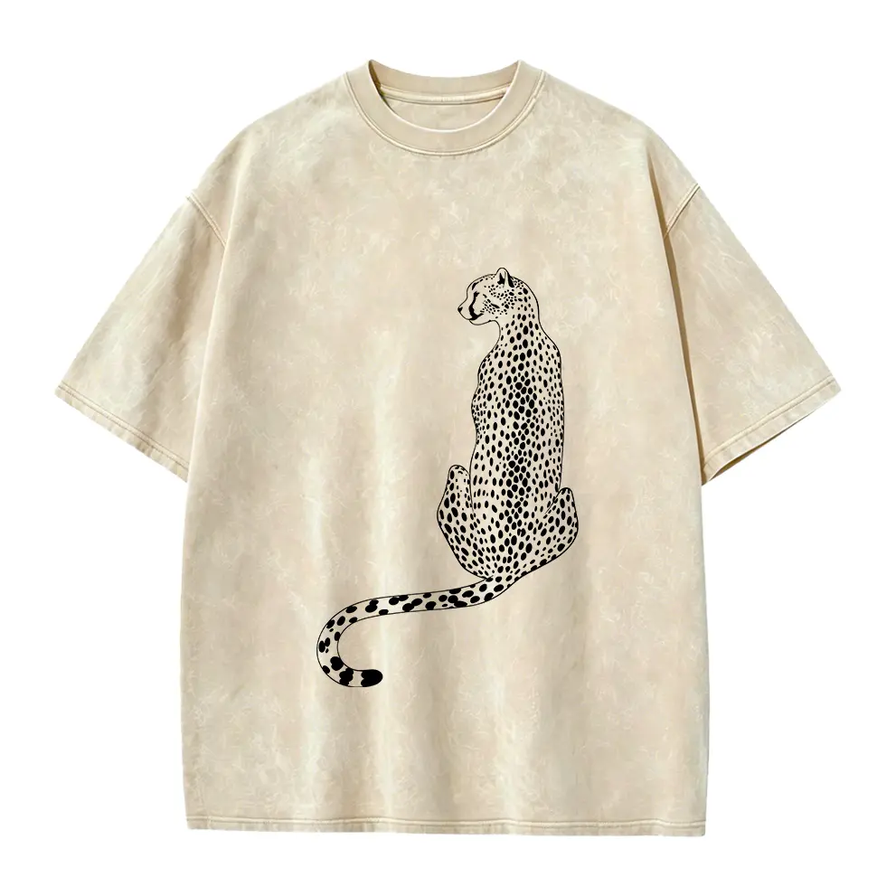Leopard Graphic T-Shirt, Minimalist Sitting Big Cat Jungle Animal Print Oversized Vintage Washed Tee and Classic White Cotton Tee