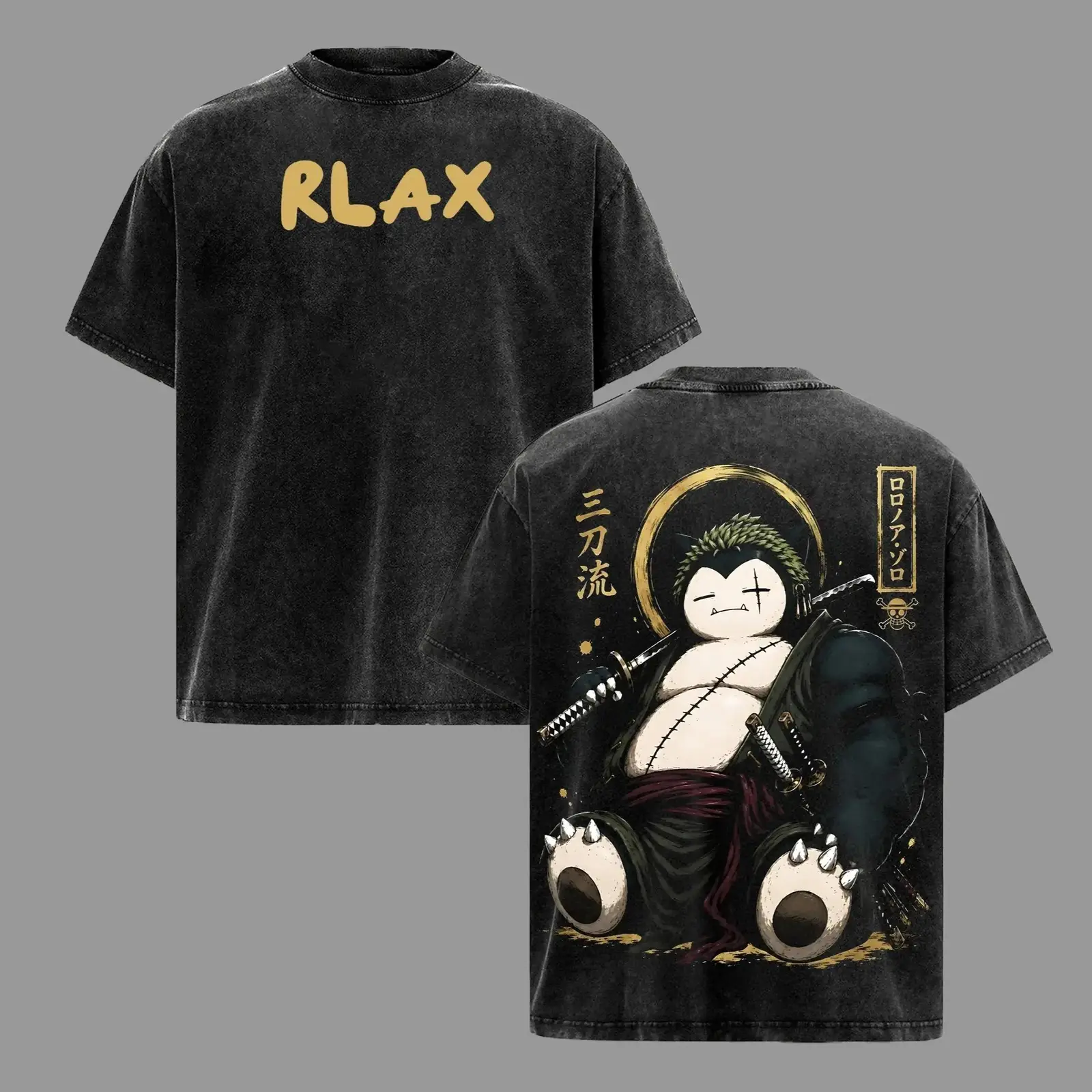 Snorlax Zoro Anime Mashup RLAX Graphic Tee, Pokemon One Piece Vintage Washed Double-Sided Heavyweight Oversized T-Shirt, Anime Streetwear
