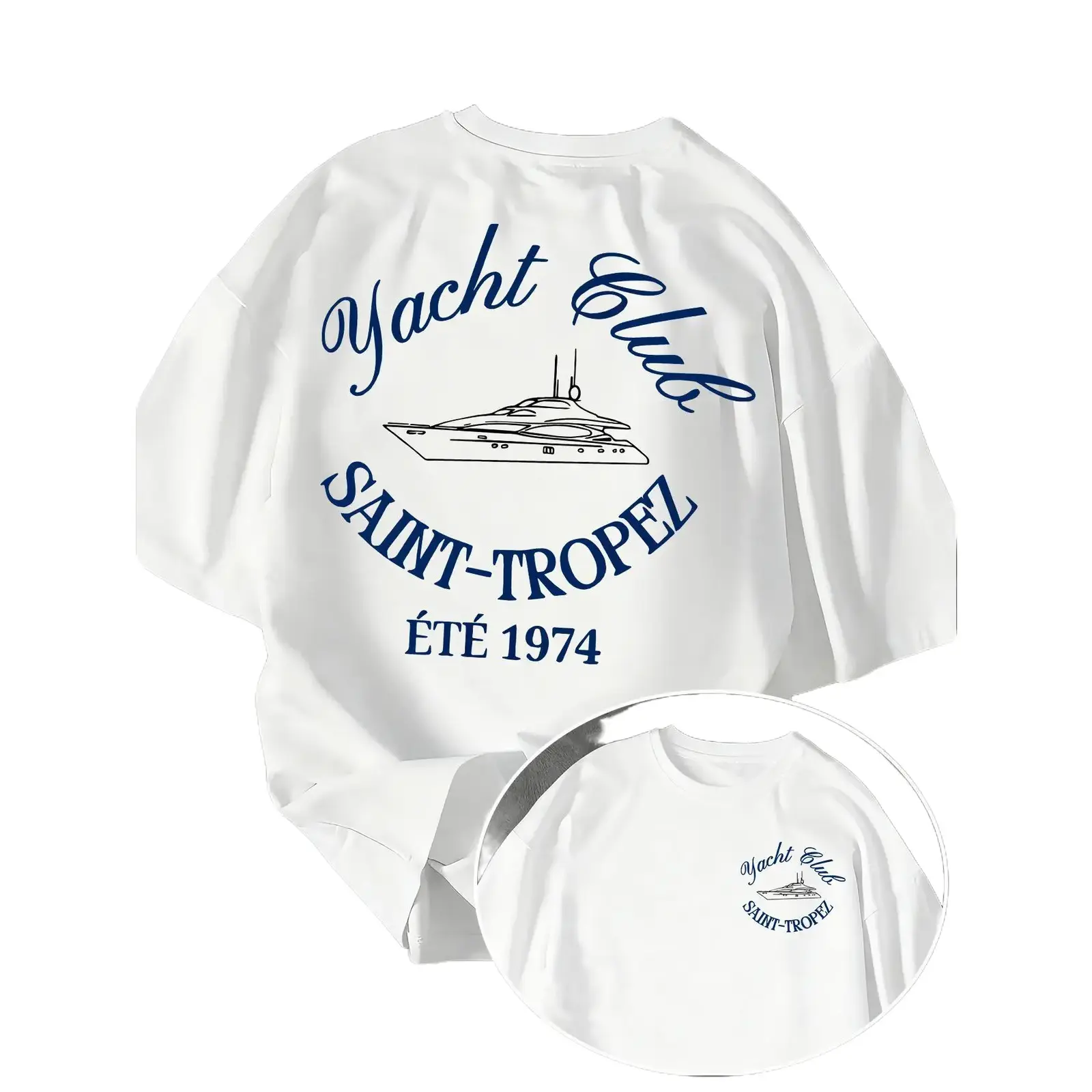 Yacht Club Saint-Tropez Ete 1974 Graphic Tee, Southern French Vintage Summer Streetwear Front and Back Print Men's Cotton T-Shirt