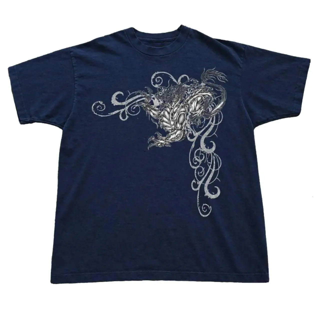 Cyber Dragon Linework Graphic T-Shirt, Y2K Alternative Fashion Tee, Tribal Gothic Grunge Dragon Art Streetwear Shirt for Men and Women