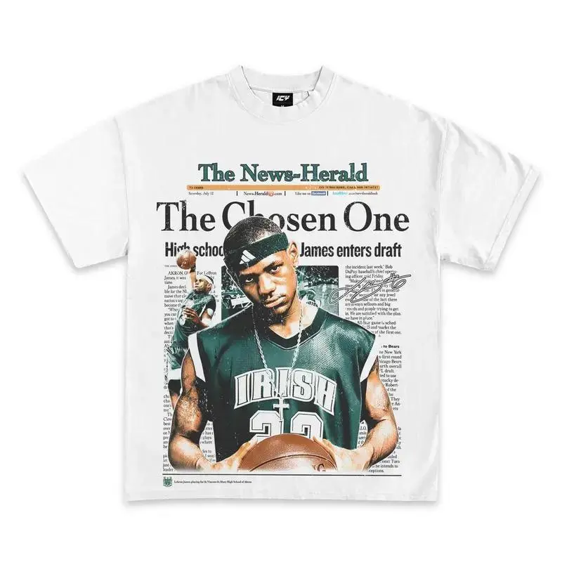 Vintage 2002 LeBron James The Chosen One Newspaper Graphic Tee, Classic Retro Basketball Fan Streetwear Oversized Soft Cotton Unisex T-Shirt