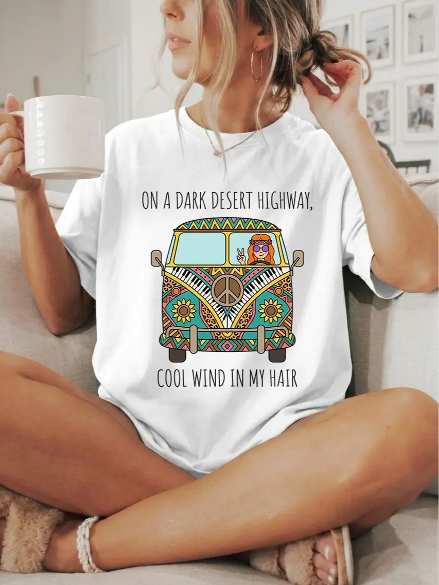 On a Dark Desert Highway Cool Wind in My Hair Hippie Peace Bus Graphic Tee, Retro Boho Vintage Road Trip Women's Cotton T-Shirt