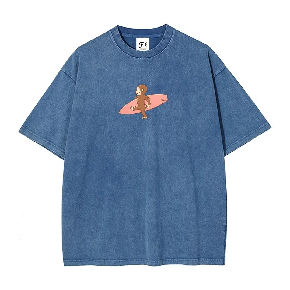 Classic Cartoon Monkey with Surfboard Graphic Washed T-Shirt, Summer Beach Vacation Vintage Y2K Oversized Tee, Unisex Cotton Casual Top