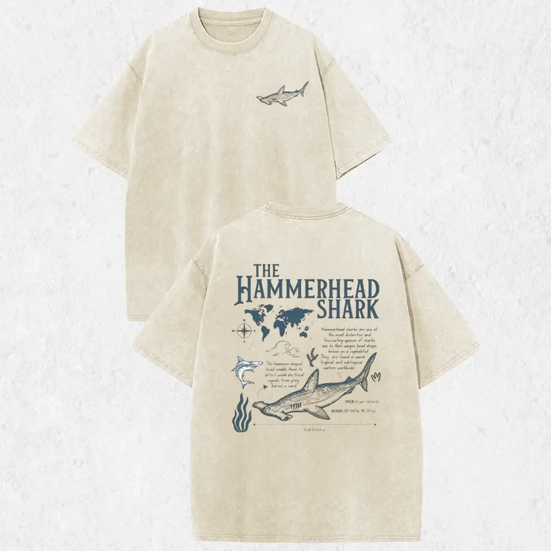 The Hammerhead Shark Vintage Ocean Map Graphic Tee, Acid Wash 2-Sided Print Heavyweight Cotton T-Shirt, Womens Trendy Streetwear Top