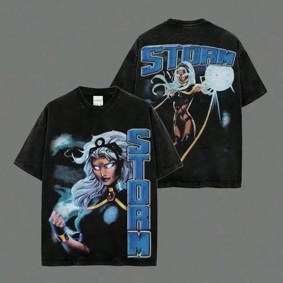 Storm X-Men Goddess 90s Vintage Comic Hero Graphic Tee, Retro Two-Sided Print Acid Wash Heavyweight Cotton Baggy Oversized Streetwear T-Shirt