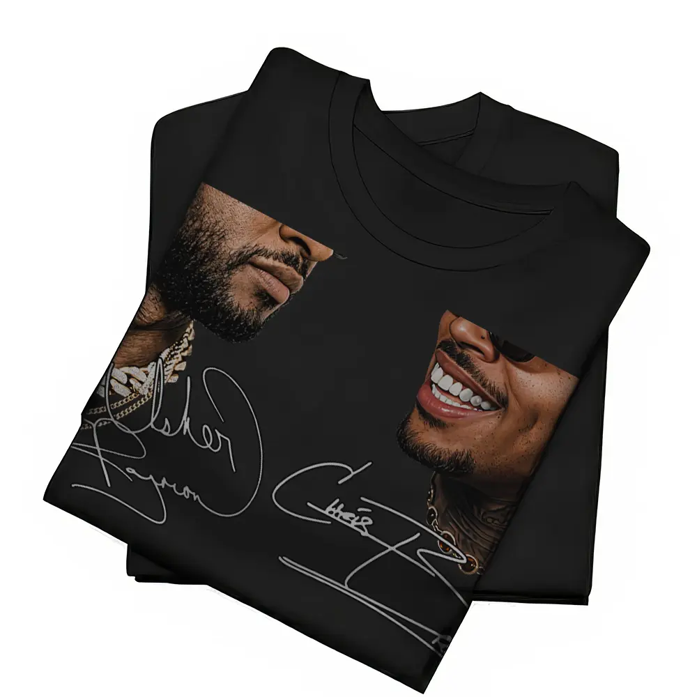 Usher and Chris Brown R&B Music Legends Portrait Graphic Tee, 90s Singer Signature Print Unisex Cotton T-Shirt, Sweatshirt and Hoodie