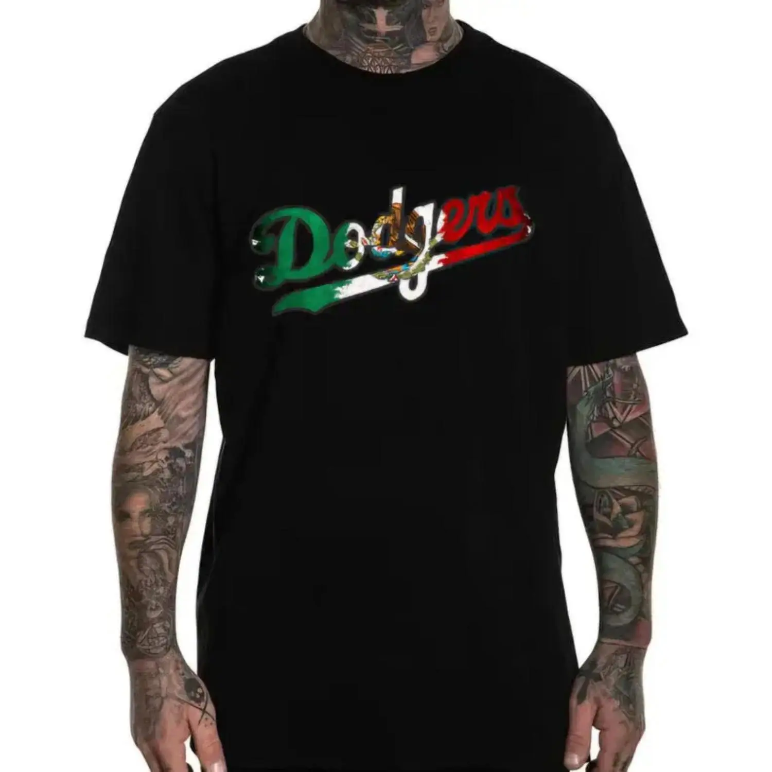 Dodgers Mexican Flag Script Graphic Tee, Mexican Heritage Inspired Baseball Fan Bold Stylish Streetwear Unisex Cotton Crew Neck T-Shirt