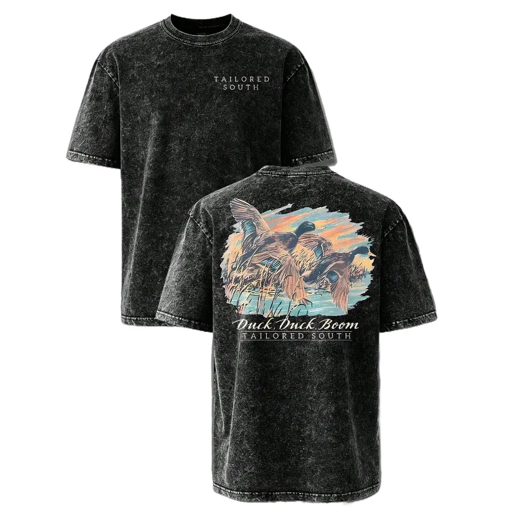 Tailored South Mallard Duck Sunset Vintage Washed Tee, Duck Duck Boom Waterfowl Hunting Front and Back Graphic Outdoor T-Shirt
