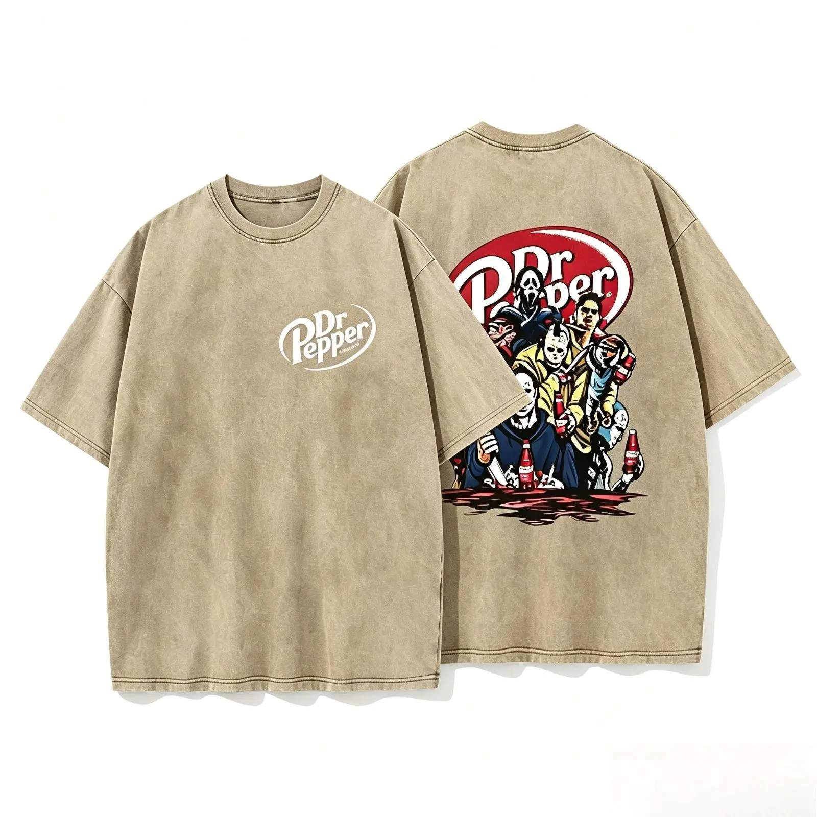 Vintage Washed Horror Icons Dr Pepper Parody Graphic Tee, Scary Movie Villains Double-Sided Halloween Oversized Heavy Cotton T-Shirt