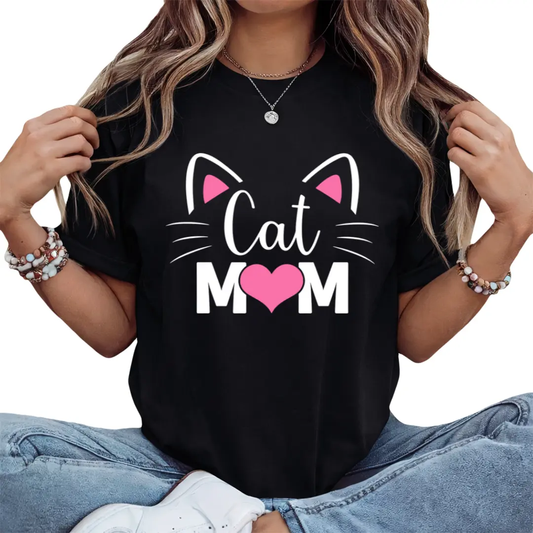 Cat Mom Cute Kitty Graphic T-Shirt with Pink Cat Ears and Heart Letters, Heavyweight Cotton Oversized Relaxed Fit Unisex Tee for Women