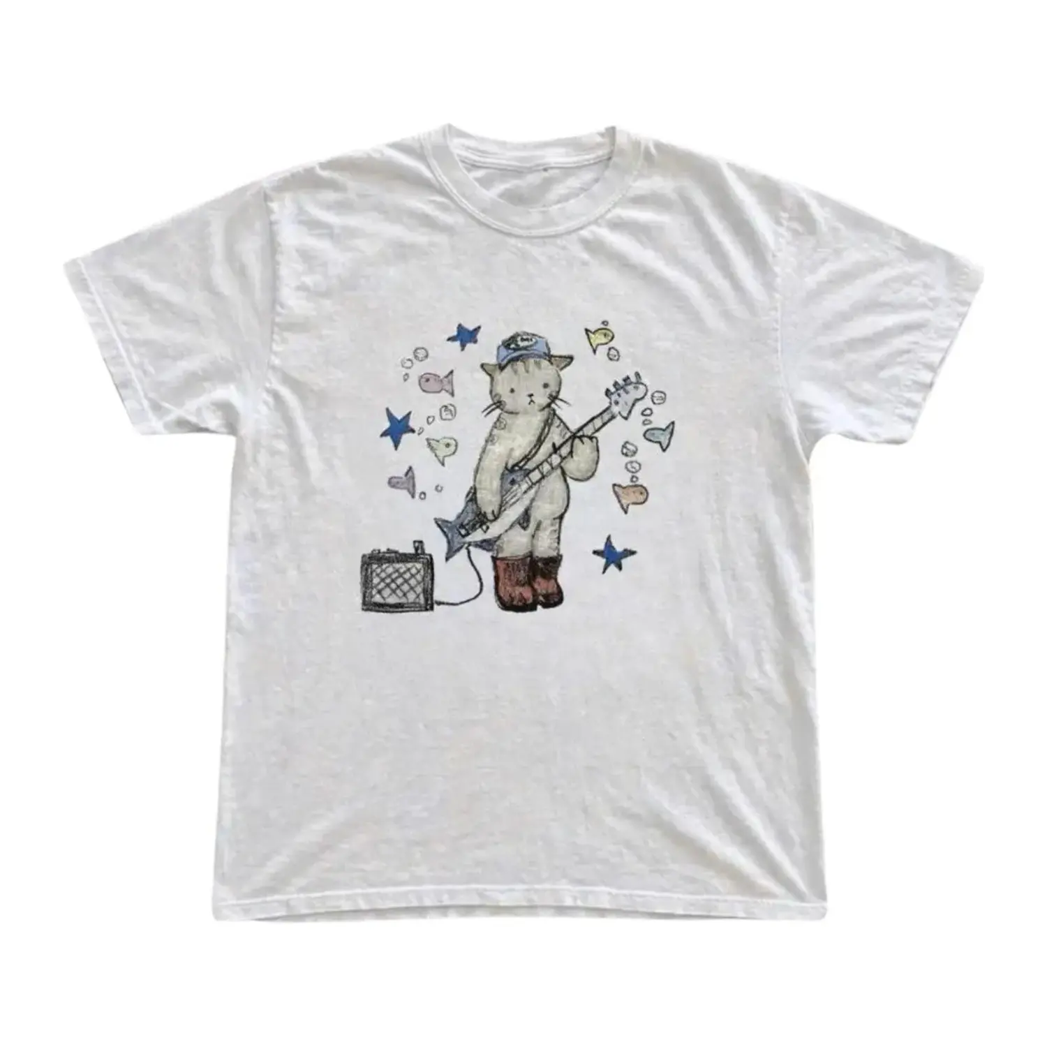 Rock Cat Guitar Player Vintage Graphic Tee, Cute Hand Drawn Animal Gothic Grunge Y2K Emo Scene Streetwear Unisex White Cotton T-Shirt