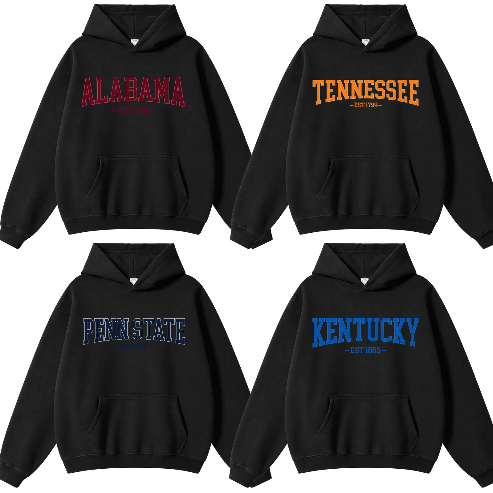 Vintage Varsity College Hoodie, Distressed Athletic Arch Lettering State Team Name Campus Wear, Black Unisex Fleece Hooded Sweatshirt