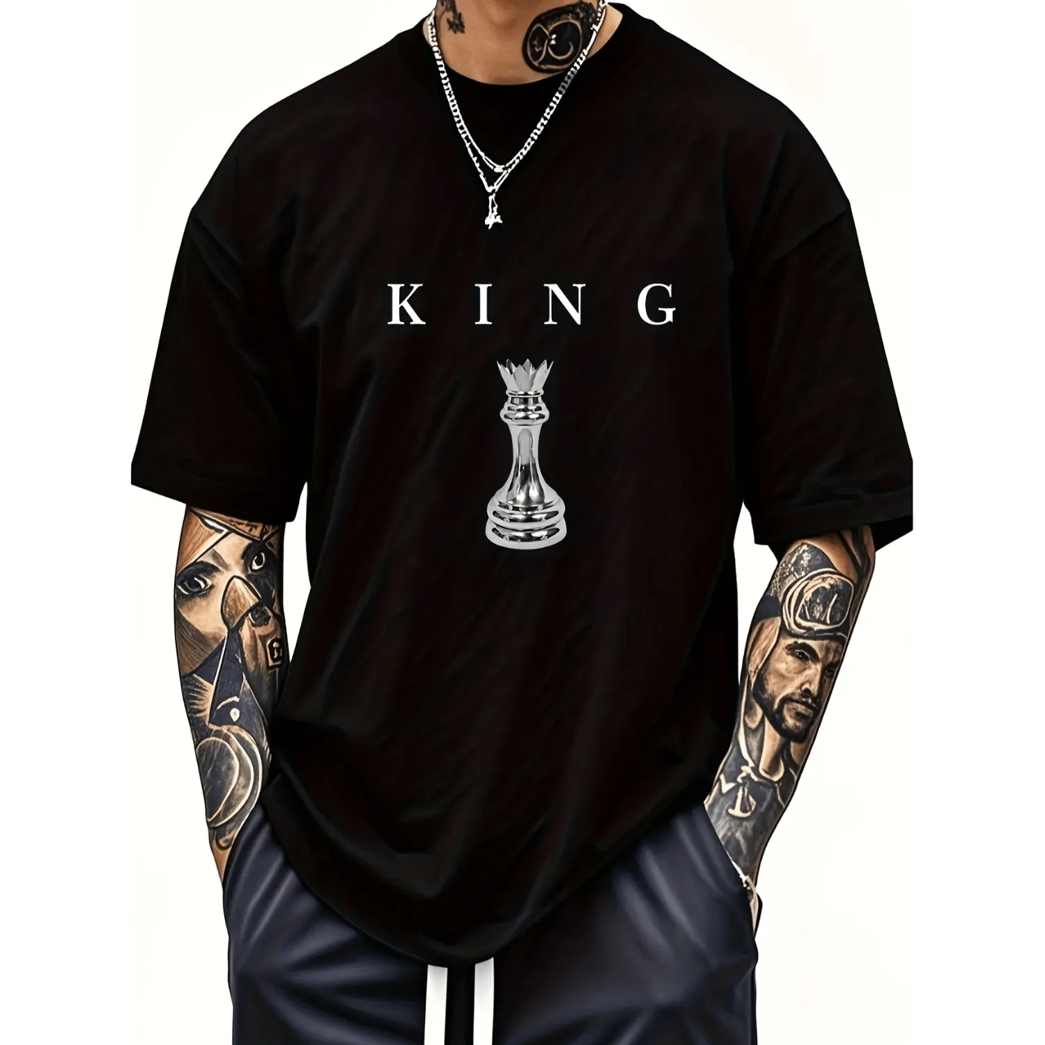 King Chess Piece Minimalist Graphic Tee, Silver Chess King Print Casual Streetwear T-Shirt, 180gsm Breathable Cotton Crew Neck Unisex Top