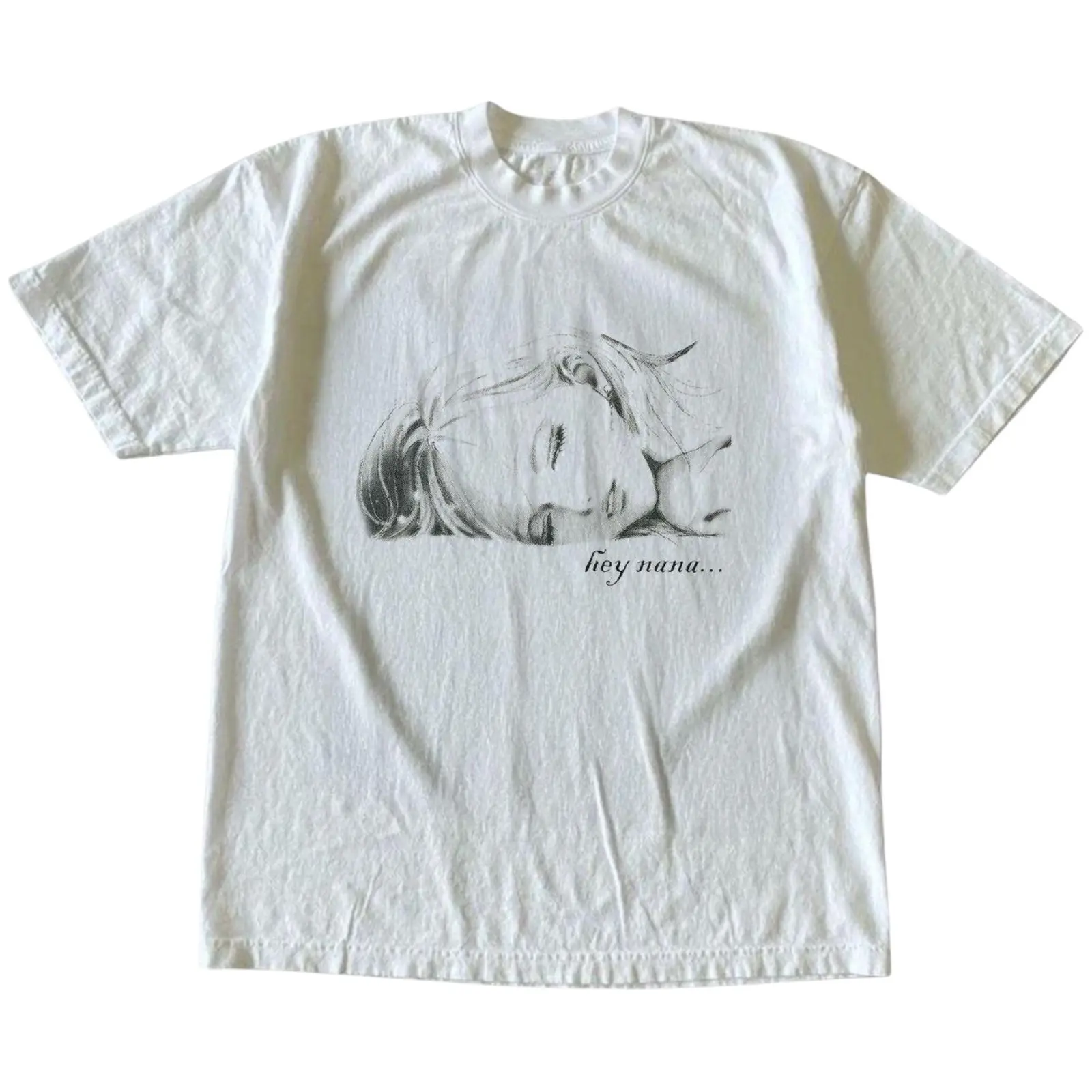 Hey Nana Anime Girl Cursive Quote Graphic Tee, Aesthetic Vintage Manga Portrait Fine Line Sketch Art Heavyweight Streetwear Unisex T-Shirt