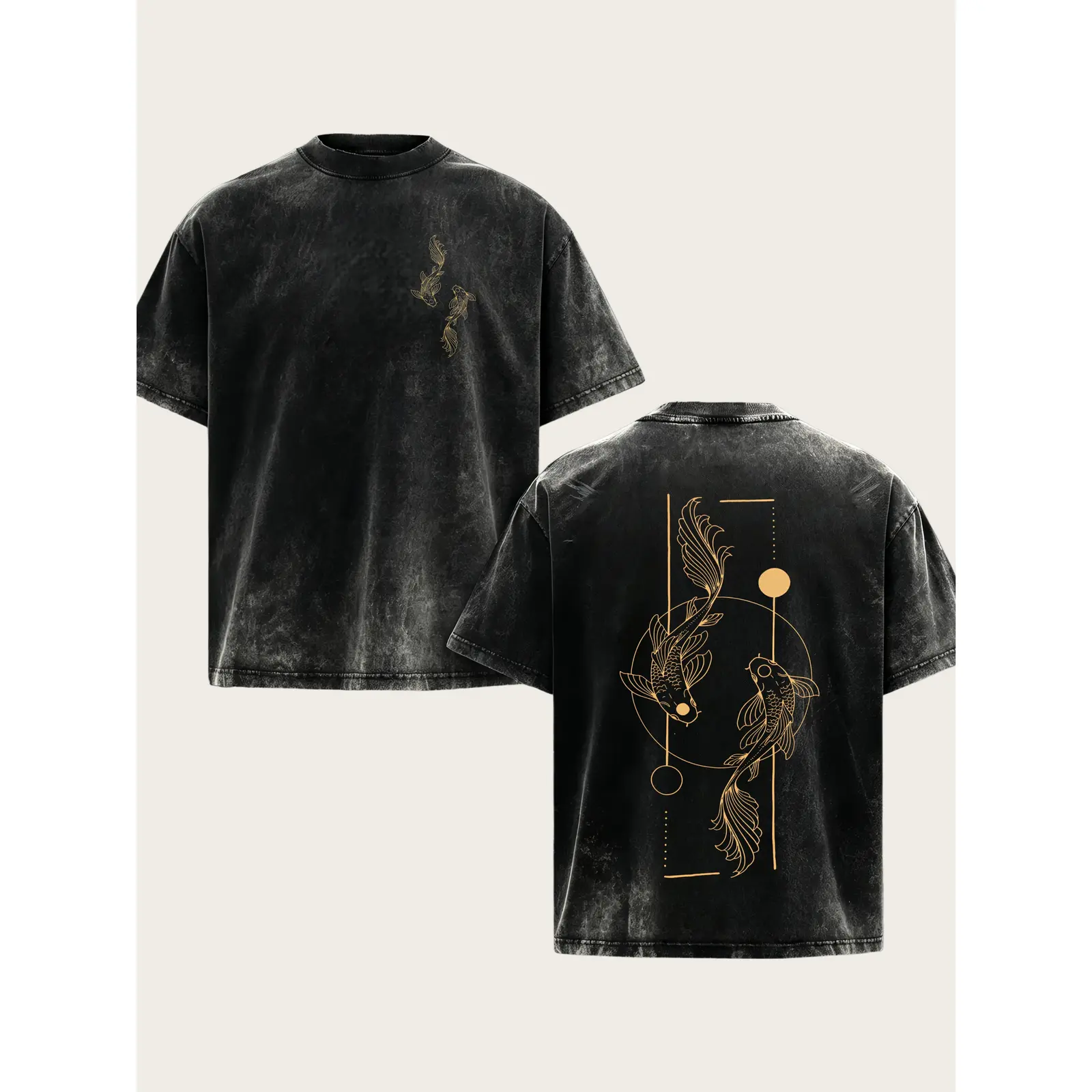 Yin Yang Koi Fish Front and Back Print Washed Vintage T-Shirt, Oriental Asian Streetwear Graphic Tee, Oversized Acid Wash Unisex Casual Top
