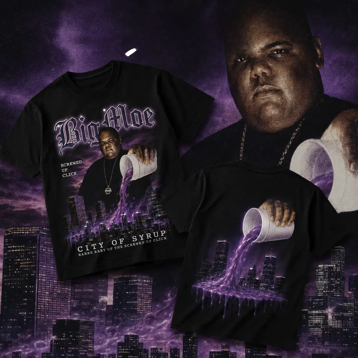 Big Moe City of Syrup Houston Texas Screwed Up Click DJ Screw 713 Tee, Vintage Streetwear Heavy Cotton Unisex Two-Sided Graphic T-Shirt or Hoodie