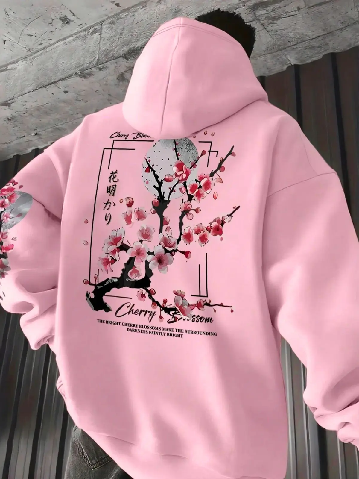 Y2K Japanese Cherry Blossom Moon Sakura Back Print Hoodie, Loose Fit Cozy Fleece Pullover Hoodie, Streetwear for Campus and Winter