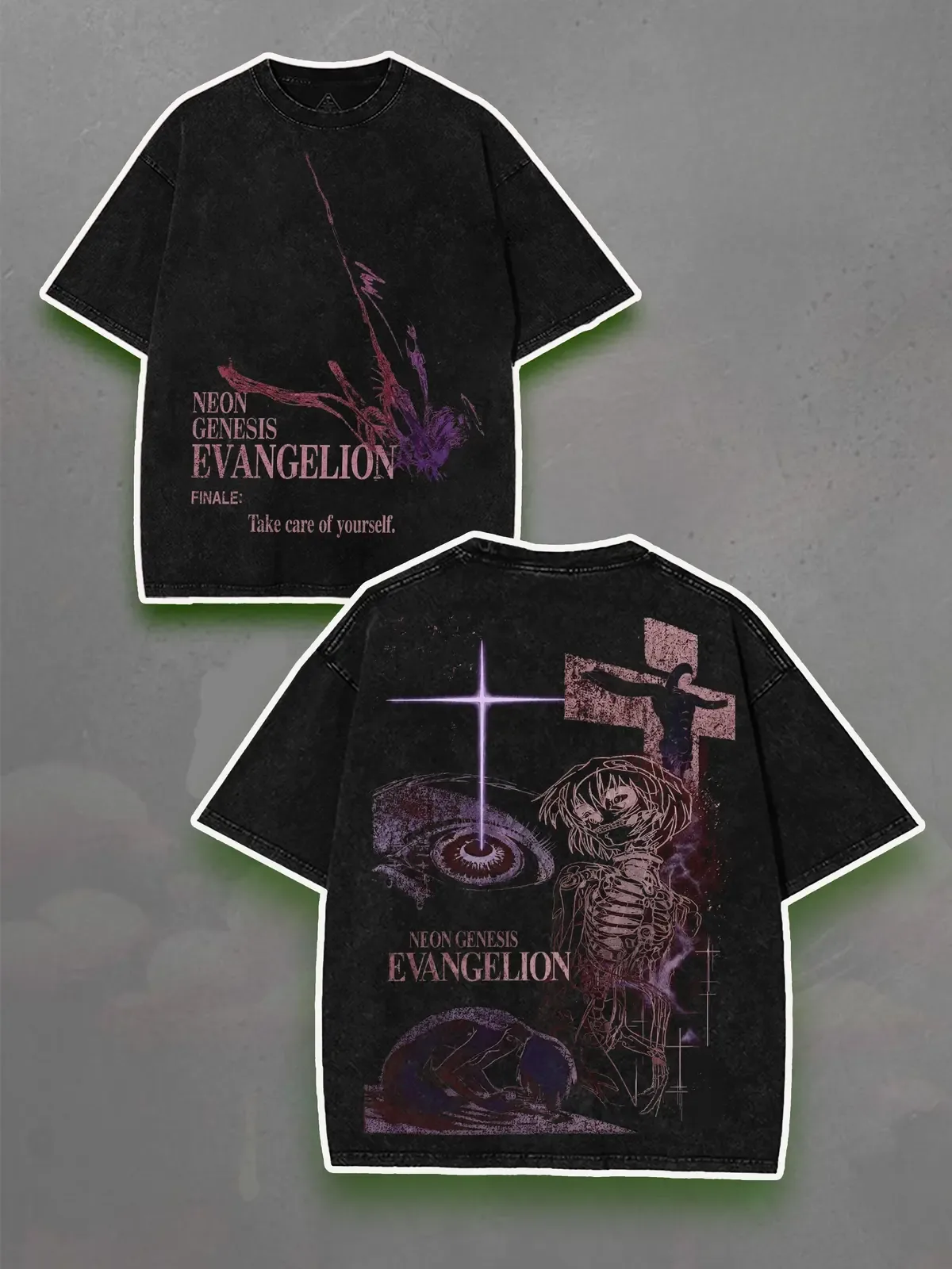 Neon Genesis Evangelion Rei Ayanami Gothic Dark Anime Graphic Tee, Heavyweight Acid Wash Boxy Fit Double-Sided Print Streetwear T-Shirt
