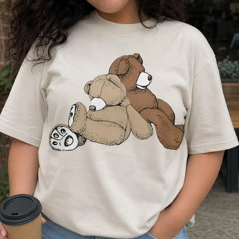 Vintage Teddy Bear Graphic Tee, Cute Retro Double Bear Hug Illustration T-Shirt, Oversized Casual Women's Plus Size Shirt
