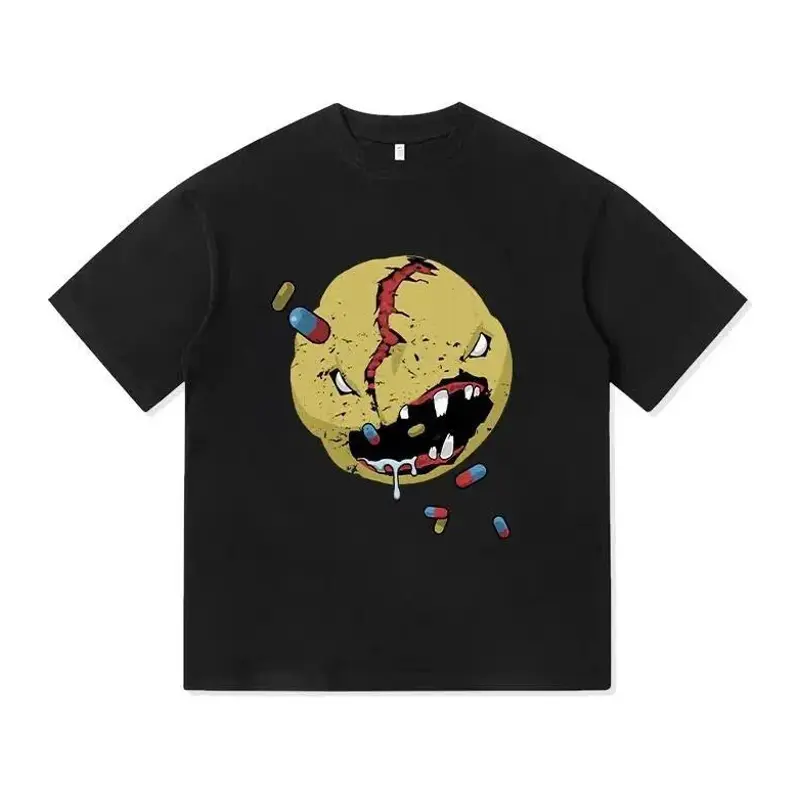 Cyberpunk Game Merch Cracked Psycho Smiley Face with Pills Graphic Tee, Gamer Streetwear Loose Fit Cotton Operator T-Shirt