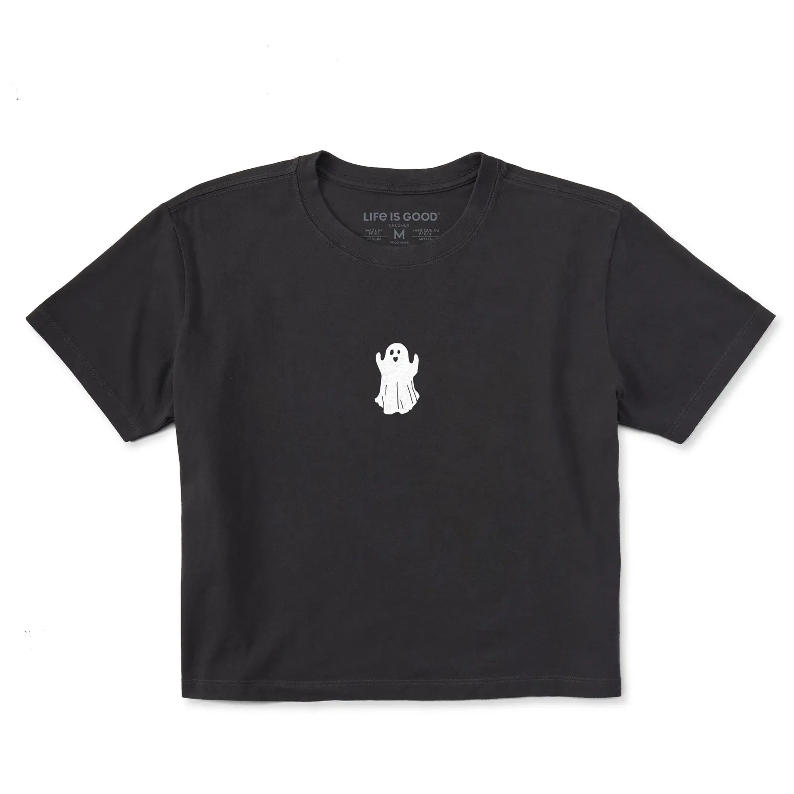 Life Is Good Small Ghost Crusher Boxy Crop Tee, Cute Minimalist Halloween Spooky Ghost Graphic Relaxed Fit Women's Cropped T-Shirt