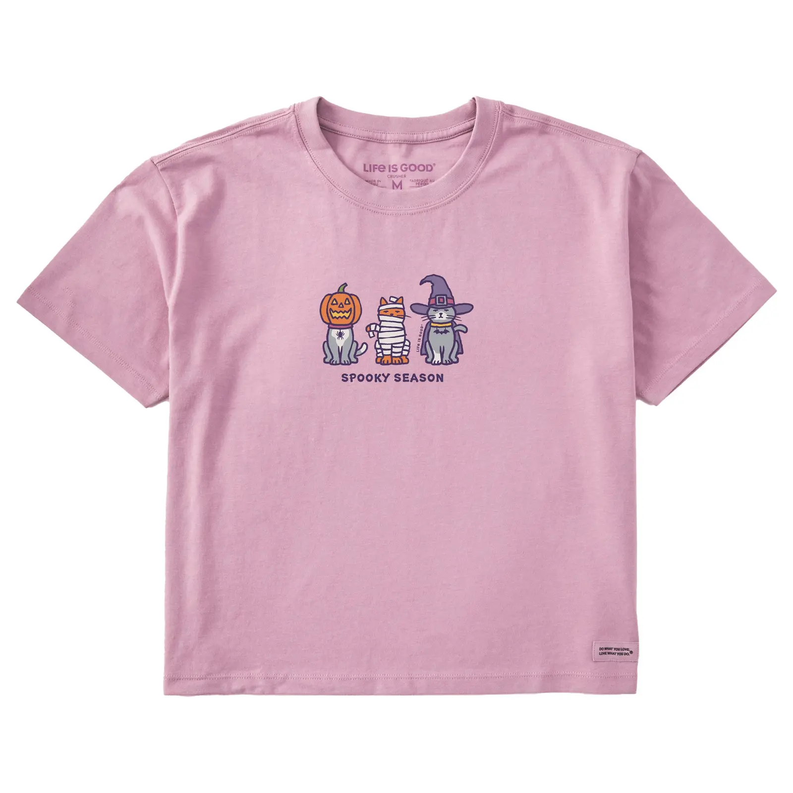 Spooky Season Halloween Cats Graphic Boxy Tee, Life Is Good Jack-O-Lantern Mummy Witch Cat Print Women's Crusher Cropped Short Sleeve T-Shirt