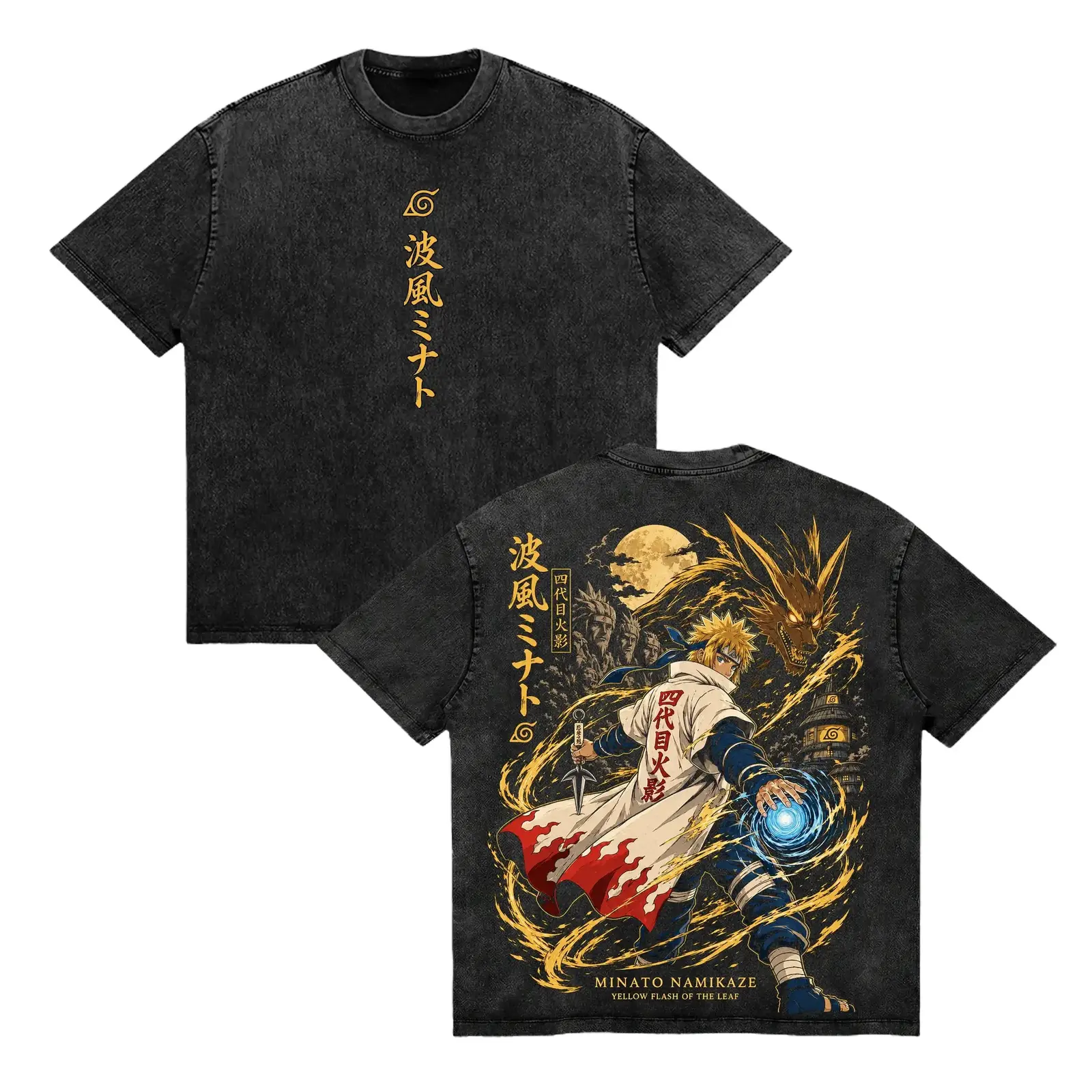 Naruto Minato Namikaze Yellow Flash Anime Graphic Tee, Retro Vintage Washed Double-Sided Print Oversized Heavy Cotton Streetwear T-Shirt