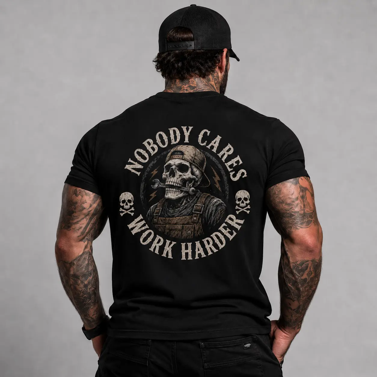 Nobody Cares Work Harder Skull Mechanic Graphic Tee, Vintage Washed Back Print Gym Workout Streetwear Oversized Cotton Men's T-Shirt