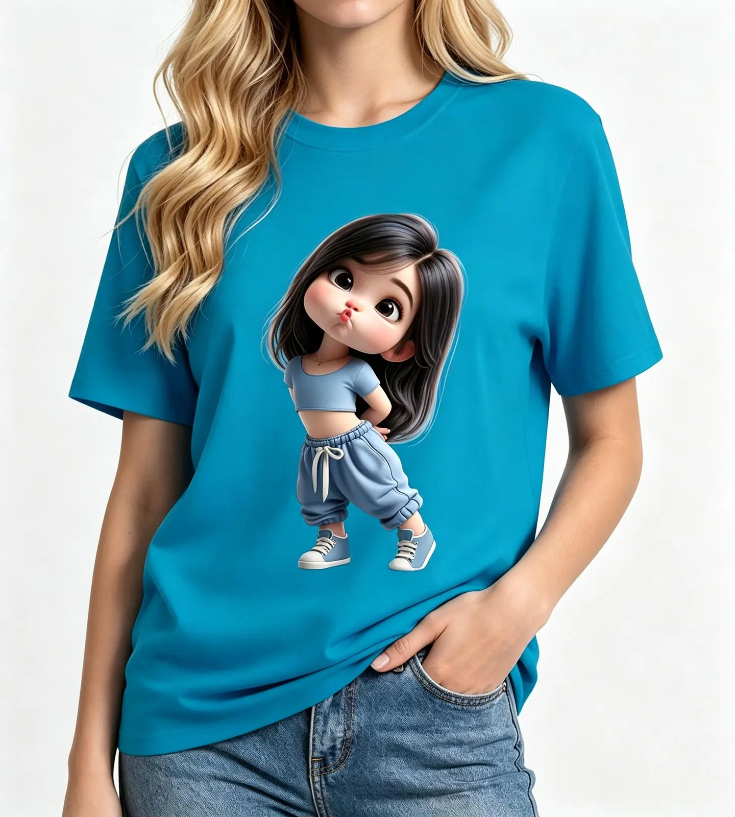 Cute Cartoon Girl in Cropped Top and Baggy Jeans Graphic Tee, Women's Fitted Cotton Crew Neck Streetwear T-Shirt for Valentine's Day Daily Wear