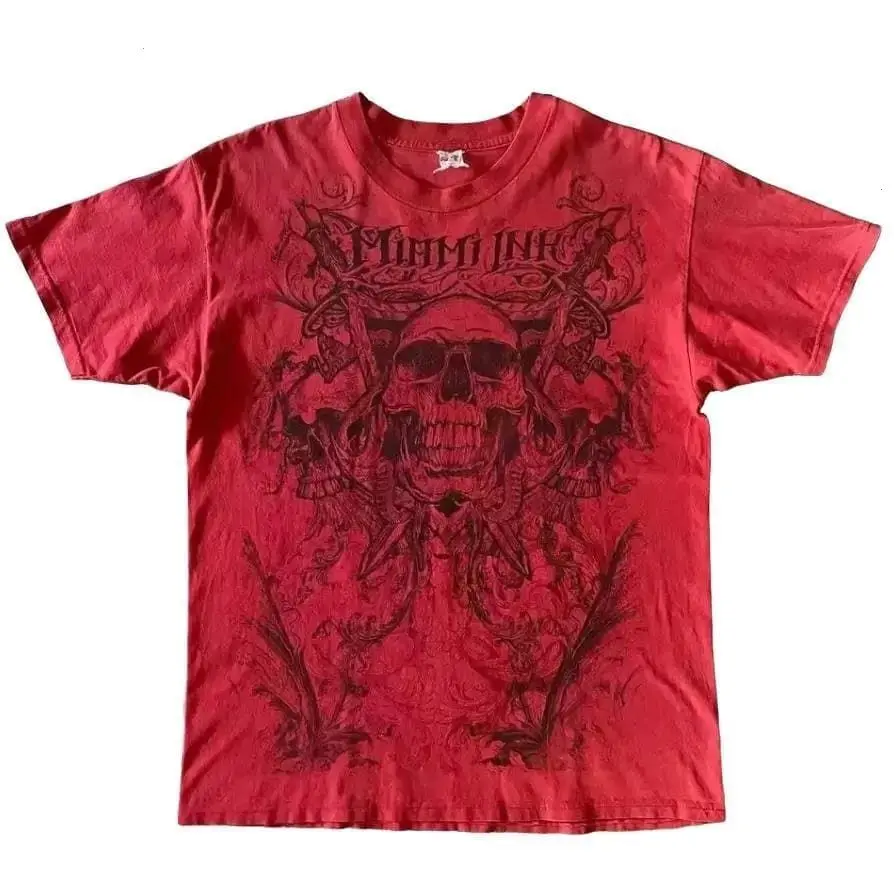 Miami Ink Skull Tattoo Art Vintage Y2K Graphic Tee, Retro 2000s Gothic Filigree Skulls Bold Streetwear Unisex Casual T-Shirt
