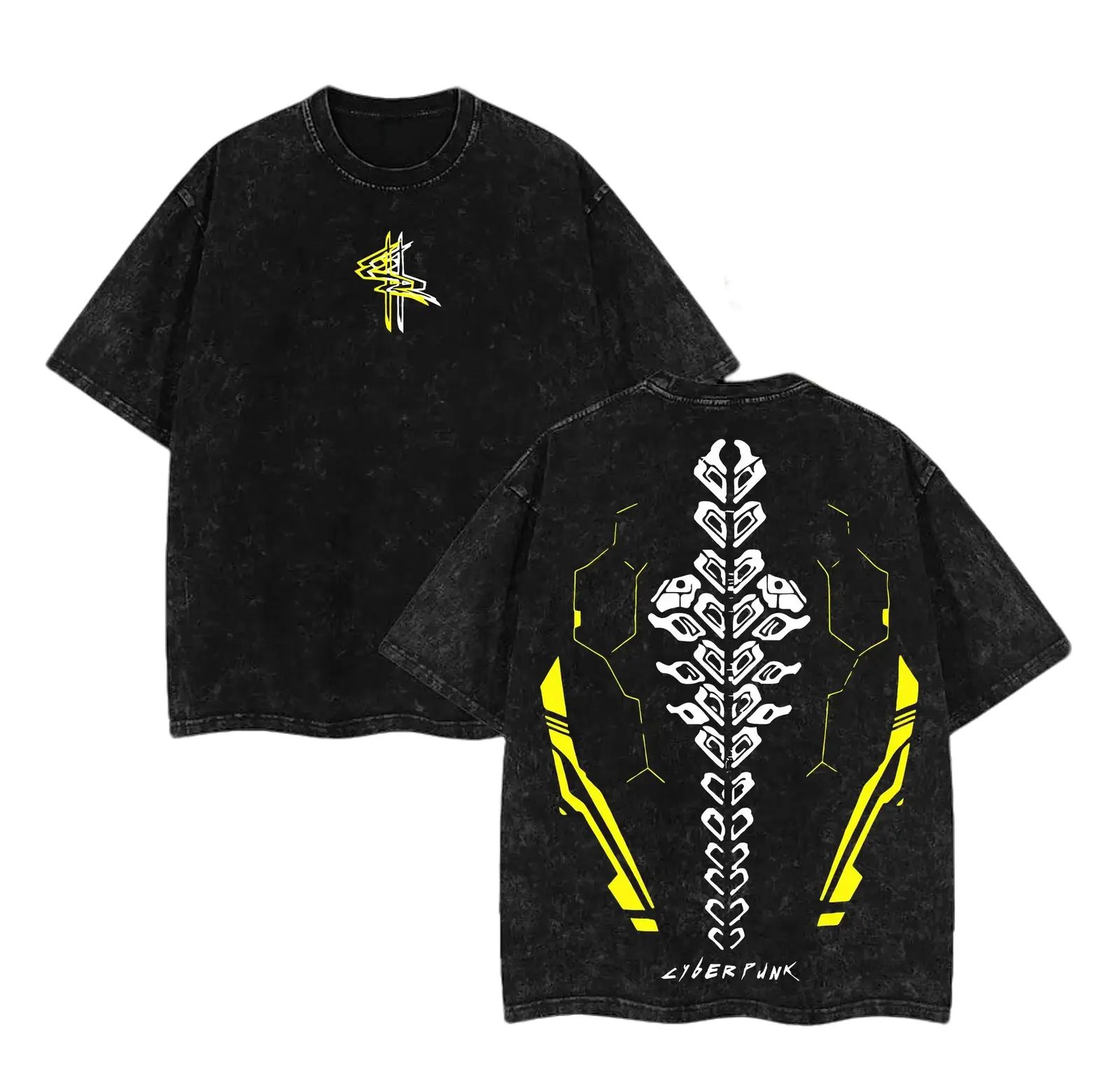 Cyberpunk 2077 Cybernetic Spine Double-Printed Vintage Acid Washed Tee, Oversized Heavyweight Anime Gamer Streetwear Unisex T-Shirt