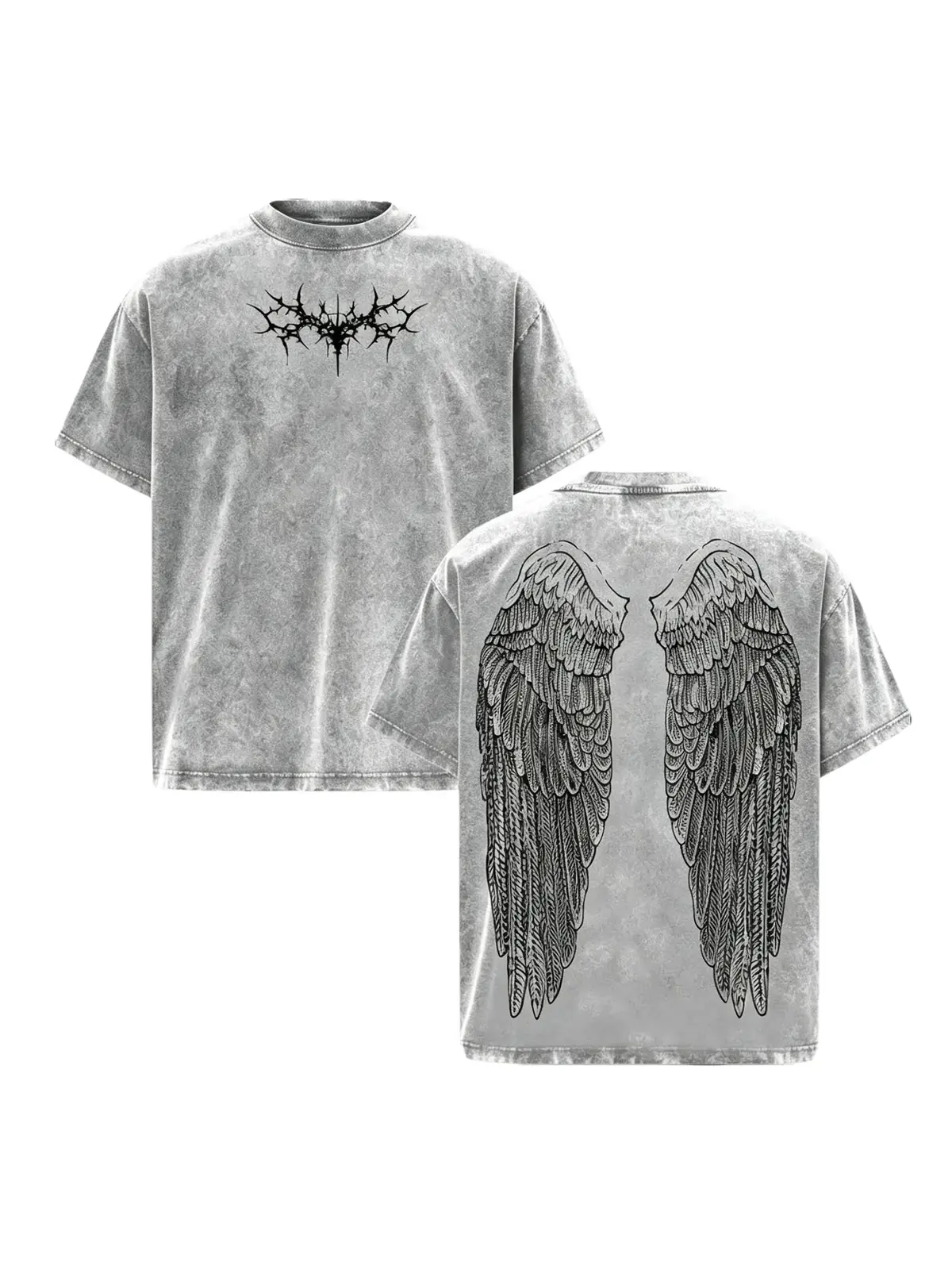 Jesus Crown of Thorns Angel Wings Gothic Graphic Tee, Acid Washed Vintage Punk Grunge Y2K Oversized Boxy Front and Back Print T-Shirt