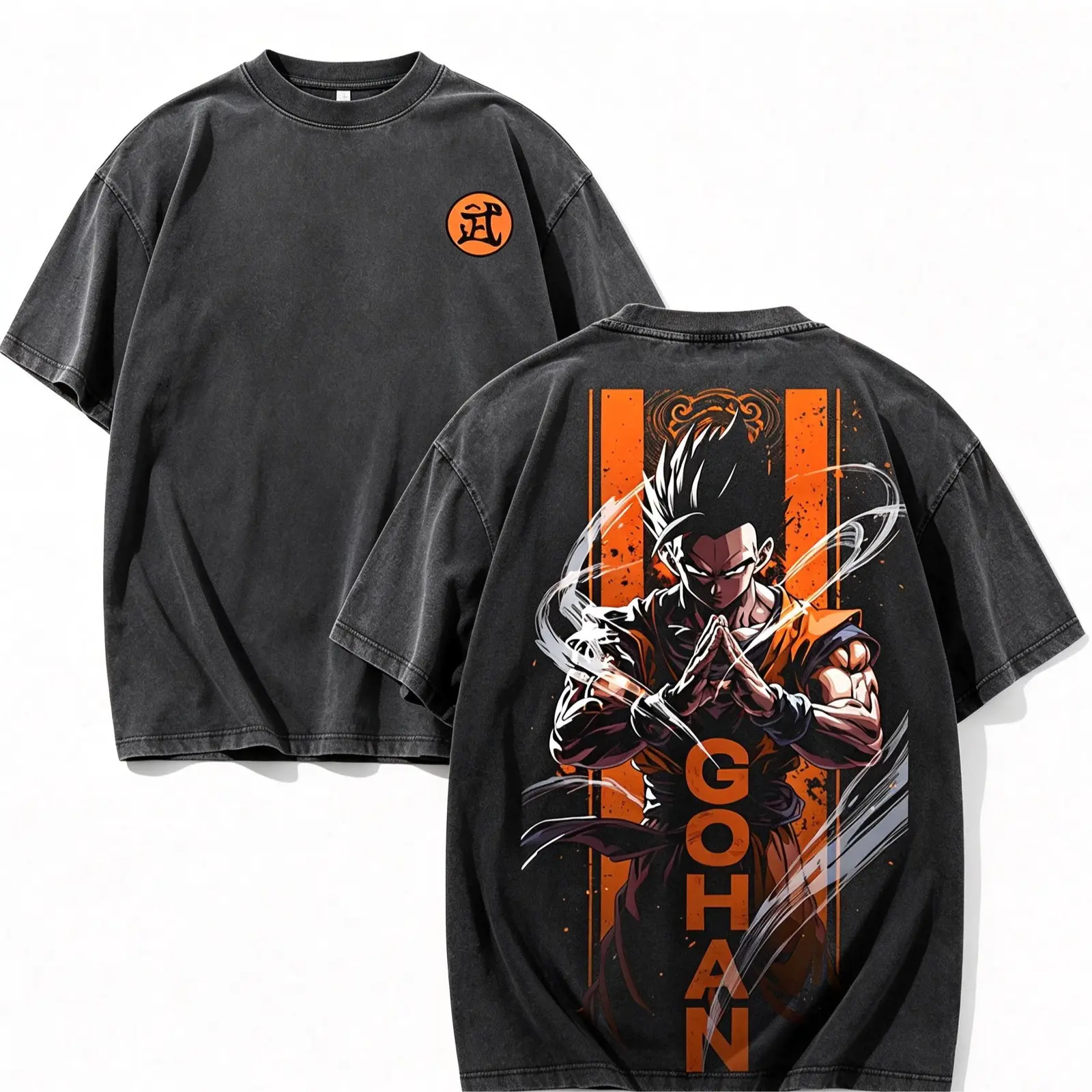 Dragon Ball Z Ultimate Gohan Manga Style Anime Graphic Tee, Vintage Washed Double-Sided Print Oversized Relaxed Streetwear Cotton T-Shirt