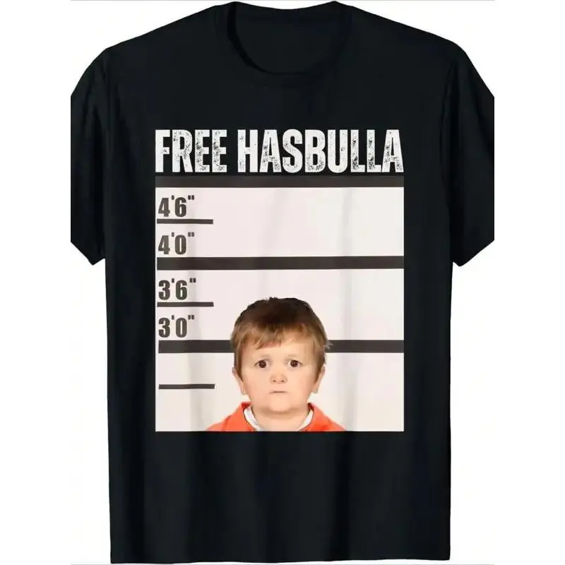 Free Hasbulla Funny Meme Graphic T-Shirt, Mugshot Height Chart Parody Print Tee, Heavyweight Cotton Relaxed Fit Short Sleeve Round Neck Top