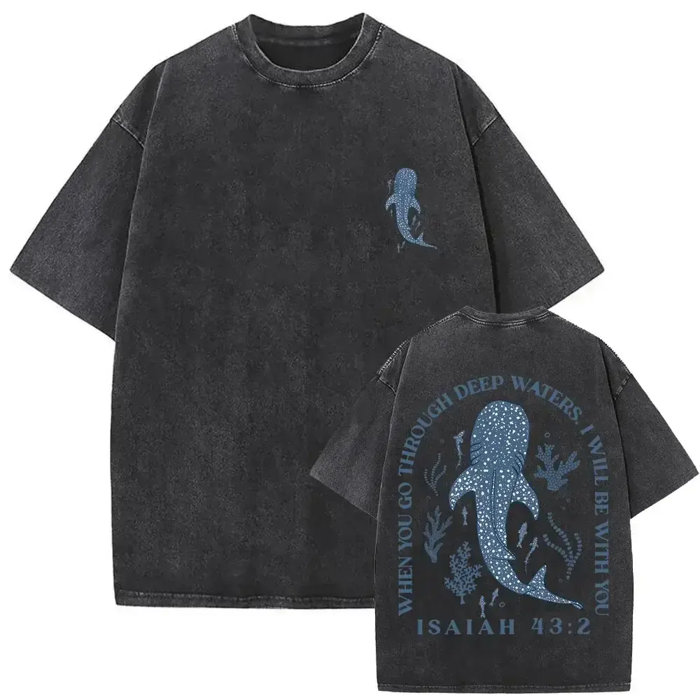 Isaiah 43:2 Whale Shark Christian Bible Verse Tee, Vintage Washed Front and Back Print Ocean Sea Life Faith Oversized Cotton T-Shirt