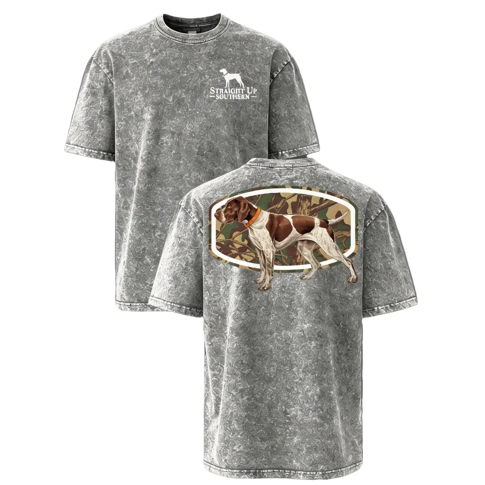 Straight Up Southern Pointer Bird Dog Camo Patch Vintage Washed Tee, Hunting Dog Front and Back Graphic Oversized Unisex Outdoor T-Shirt